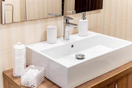 a white sink in a bathroom with a mirror at ARI - ARED Luxurious Apartments with Balcony & Free Parking in Arad