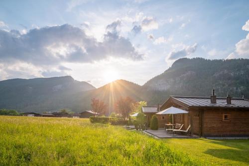 a cabin in a field with mountains in the background at Hotel Vitaloase zu den drei Brüdern in Unken