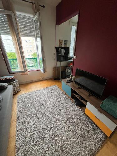 - un salon avec une télévision et un tapis dans l'établissement Cozy Studio with in paris, à LʼÎle-Saint-Denis