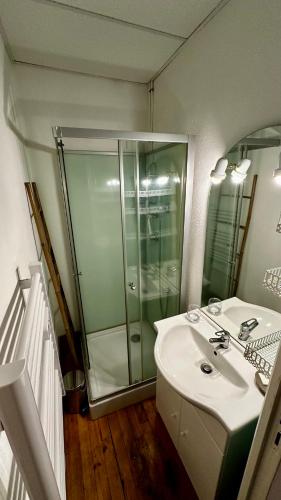 La salle de bains est pourvue d'une douche et d'un lavabo blanc. dans l'établissement Les Montagnettes, à Le Mont-Dore