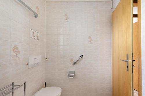 a bathroom with a toilet and a shower stall at Abendrot in Münsingen