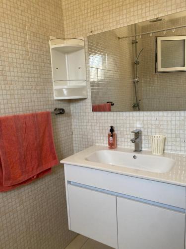 a bathroom with a white sink and a mirror at Apartment Monastir Centre in Monastir