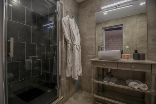 a bathroom with a shower and a sink at Le Relais du Beffroi & SPA in Saint-Riquier
