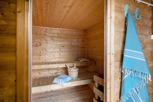a wooden sauna with a bucket and a bucket at Ferienhaus Karinella in Gronenberg