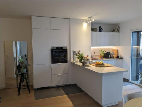une cuisine avec des placards blancs et un comptoir dans l'établissement Spacieux Duplex, à Villejuif