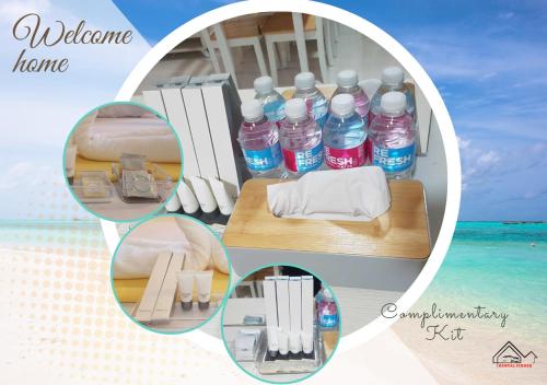 a collage of pictures of water bottles on a beach at Palawan Luxury 2BR Condo with Pool, Gym & Parking - B1 5Kunzite in Puerto Princesa City