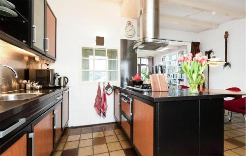 スネークにあるLovely Home In Sneek With Wifiのキッチン(黒いカウンタートップ、シンク付)