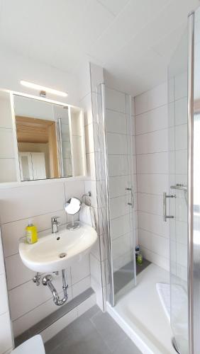 a white bathroom with a sink and a shower at Hotel Schneiderhof in Braunlage