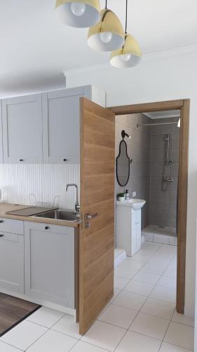 a kitchen with a sink and a bathroom with a shower at Pine forest house 5 in Gauja