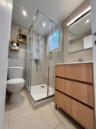 une salle de bain avec toilettes et douche en verre dans l'établissement La pitchounette, à Fleury