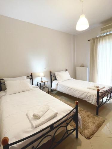 a bedroom with two beds and a window at Eleousa Apartment Ioannina in Eleoúsa