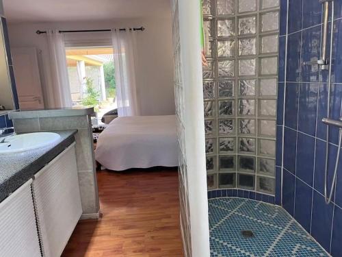 une salle de bain avec une douche et un lavabo et un lit dans l'établissement Belle villa avec piscine et spa, à Teyran