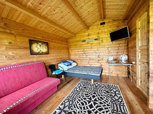 a living room with a couch and a tv at Haapsu Holiday Home in Haapsu