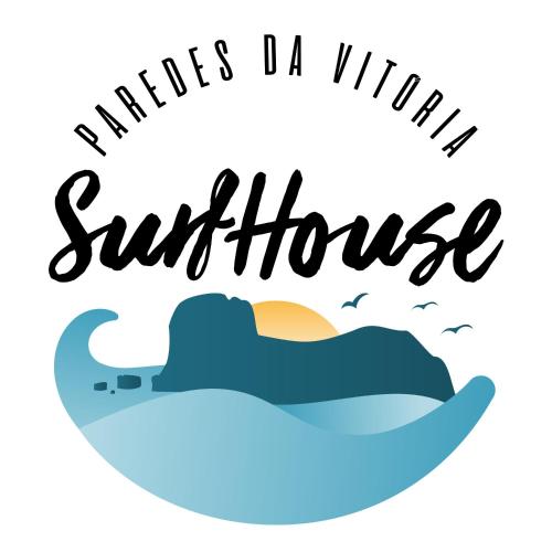 a happy sunburst text with blue clouds and birds on a white background illustration at Paredes Surf House in Pataias