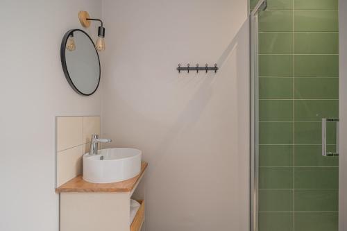 Bilik mandi di Le Félix Appart'Hotel, centre ville Romans-sur-Isère