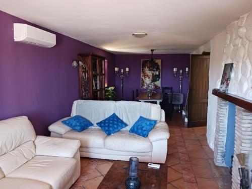 a living room with a white couch and blue pillows at Casa rural los Cerezos in Albox