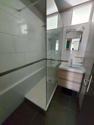 Un baño con ducha de cristal y lavabo. en Appartement 6 couchages environnement paisible, en Saint-Étienne-du-Rouvray