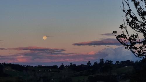 a sunset with the moon in the sky at The Kauri Haven by Tiny Away in Waitoki