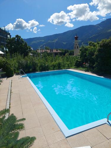 a swimming pool with mountains in the background at Garni Unterwegguetl in Naturno