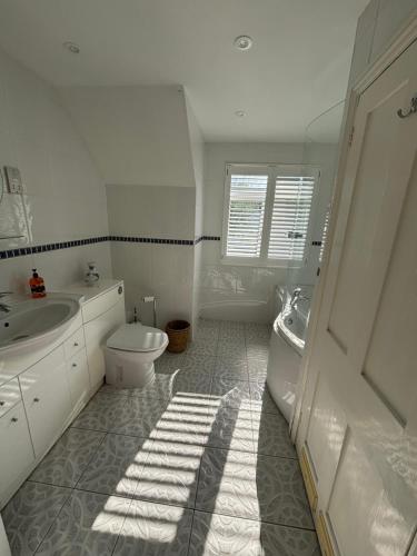 een witte badkamer met een toilet en een wastafel bij Holywell Apartments in Eastbourne