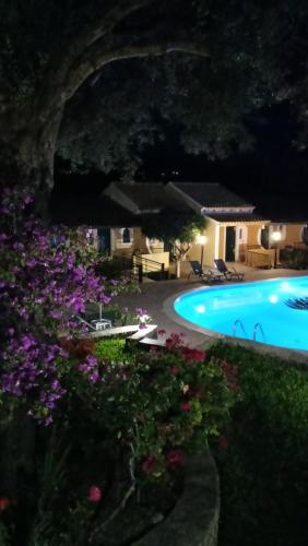 a resort with a swimming pool at night at Aphrodite Studios & Pool in Paleokastritsa