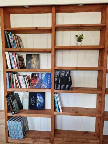 une étagère remplie de livres dans l'établissement Northern Lights Apartment, à Tromsø