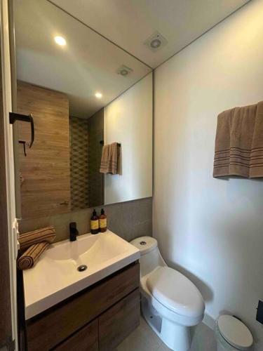 a bathroom with a white toilet and a sink at Apartaestudio en Pozos Colorados in Playa Bello Horizonte
