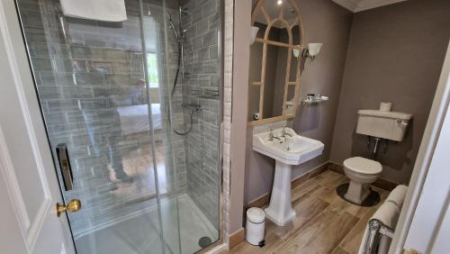 a bathroom with a shower and a sink and a toilet at The Courtyard Kilshannig in Fermoy