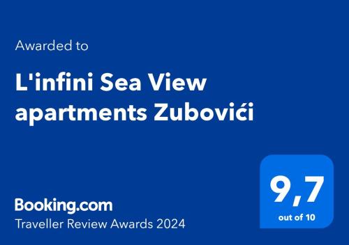 a blue sign with the words limited sea view apartments zuclid at L'infini Sea View apartments Zubovići in Zubovići