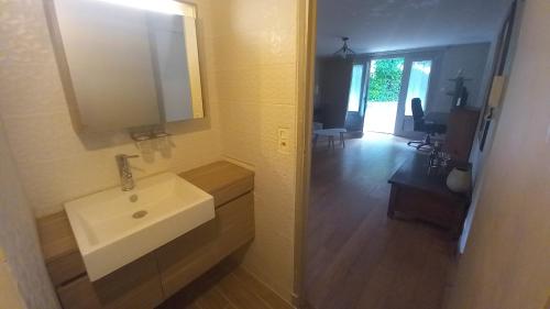 une salle de bain avec un lavabo blanc et un miroir dans l'établissement Appartement T2 La campagne en ville, à Nîmes
