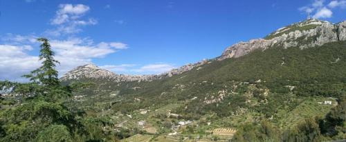 vistas a una montaña con árboles y casas. en Hotel Sant'elene, en Dorgali