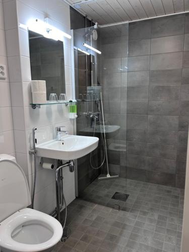 y baño con aseo, lavabo y ducha. en BlueSolarPearl C en Tampere