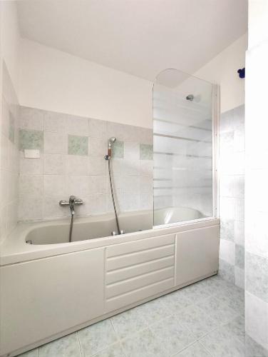 a bath tub with a shower in a bathroom at Bellavista Iseo in Villongo SantʼAlessandro