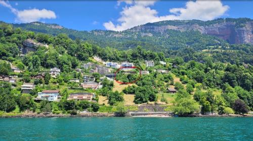 a house on a hill next to a body of water at Villa Bootsmann mit spektakulärer Seesicht nahe Badestrand in Vitznau