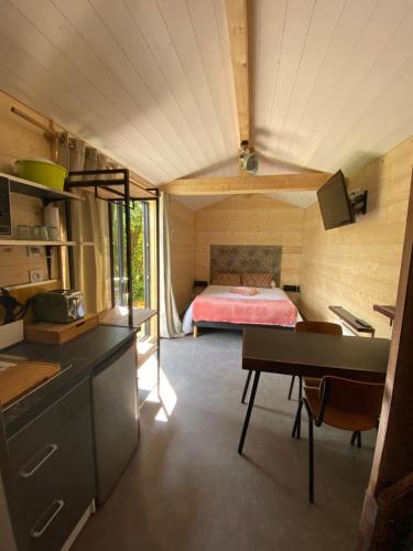 Cette chambre comprend un lit et un bureau. dans l'établissement Les gîtes de Belle Roche, à Mâcon