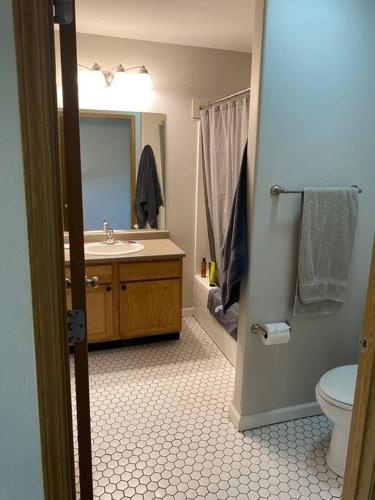 a bathroom with a sink and a toilet and a mirror at Close to the Bozeman airport in Belgrade