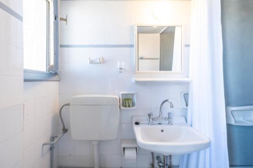 a bathroom with a toilet and a sink and a mirror at Akroyiali - Guesthouse in Gerolimenas