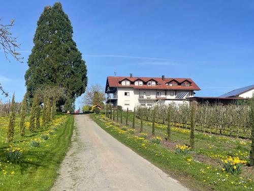 a road in front of a house with a tree at Hofgut Bergchalet Mirabell - Natururlaub am Bodensee in Friedrichshafen