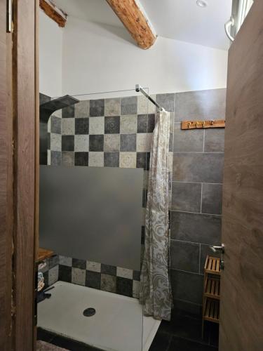 une salle de bain avec douche avec un mur en carrelage en damier dans l'établissement Maison col de varra, à Porto-Vecchio
