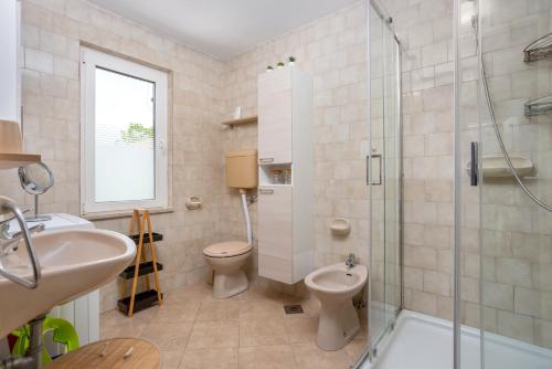 a bathroom with a toilet and a sink and a shower at Apartments Villa Temer in Pinezici