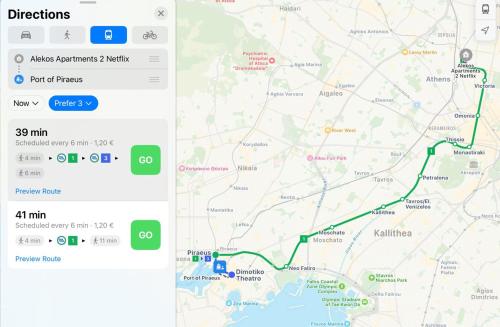 a screenshot of a google map with the directions app at Alekos Apartments 2 Netflix, Self Check-In in Athens