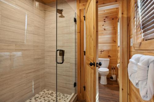 a bathroom with a shower and a toilet at Oakley Lodge: Luxury Cabin w/ MTN Views Indoor Pool • Hot Tub in Sevierville