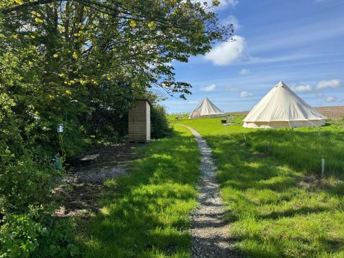 een pad dat leidt naar twee tenten in een veld bij Penhallow House Glamping Retreat in Newlyn East