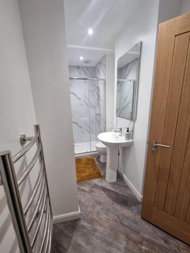 a bathroom with a sink and a toilet and a mirror at New ground floor city centre apartment in Hull