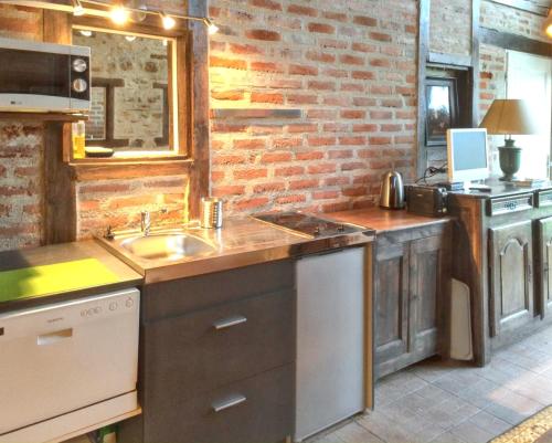 uma cozinha com um lavatório e uma parede de tijolos em Maison de 4 chambres avec jardin clos et wifi a Souvigny em Souvigny