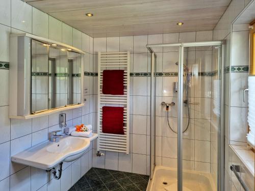 a bathroom with a sink and a shower at Alpenpension Gastein in Bad Gastein