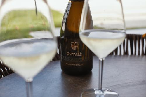 two glasses of white wine next to a bottle of wine at Agriturismo Zapparè Farm Hotel in Trevignano