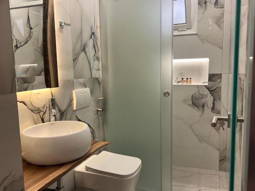 a bathroom with a sink and a toilet at Villa Bodini Himare in Himare