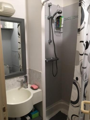 ein Badezimmer mit Waschbecken und Dusche in der Unterkunft BELLE DUNE Village Vacances face à l'Aquaclub de FORT MAHON in Fort-Mahon-Plage