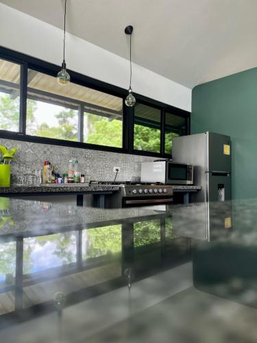 a kitchen with a refrigerator and a counter top at Southern Drake Lodge in Drake